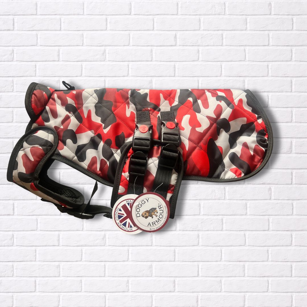 Small - Red Camo Quilted - Protective Dog Coat - Armoured Bite Resistant Dog Coat