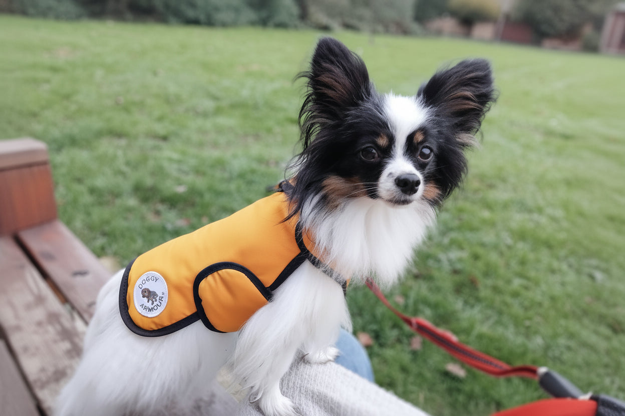 Small dog wearing an orange vest with a logo on a grassy background
