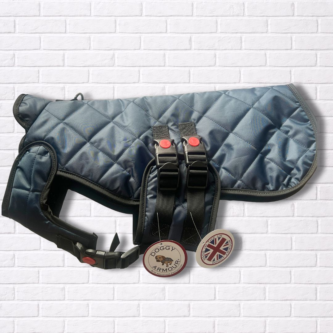 Small - Blue Quilted - Protective Dog Coat - Armoured Bite Resistant Dog Coat