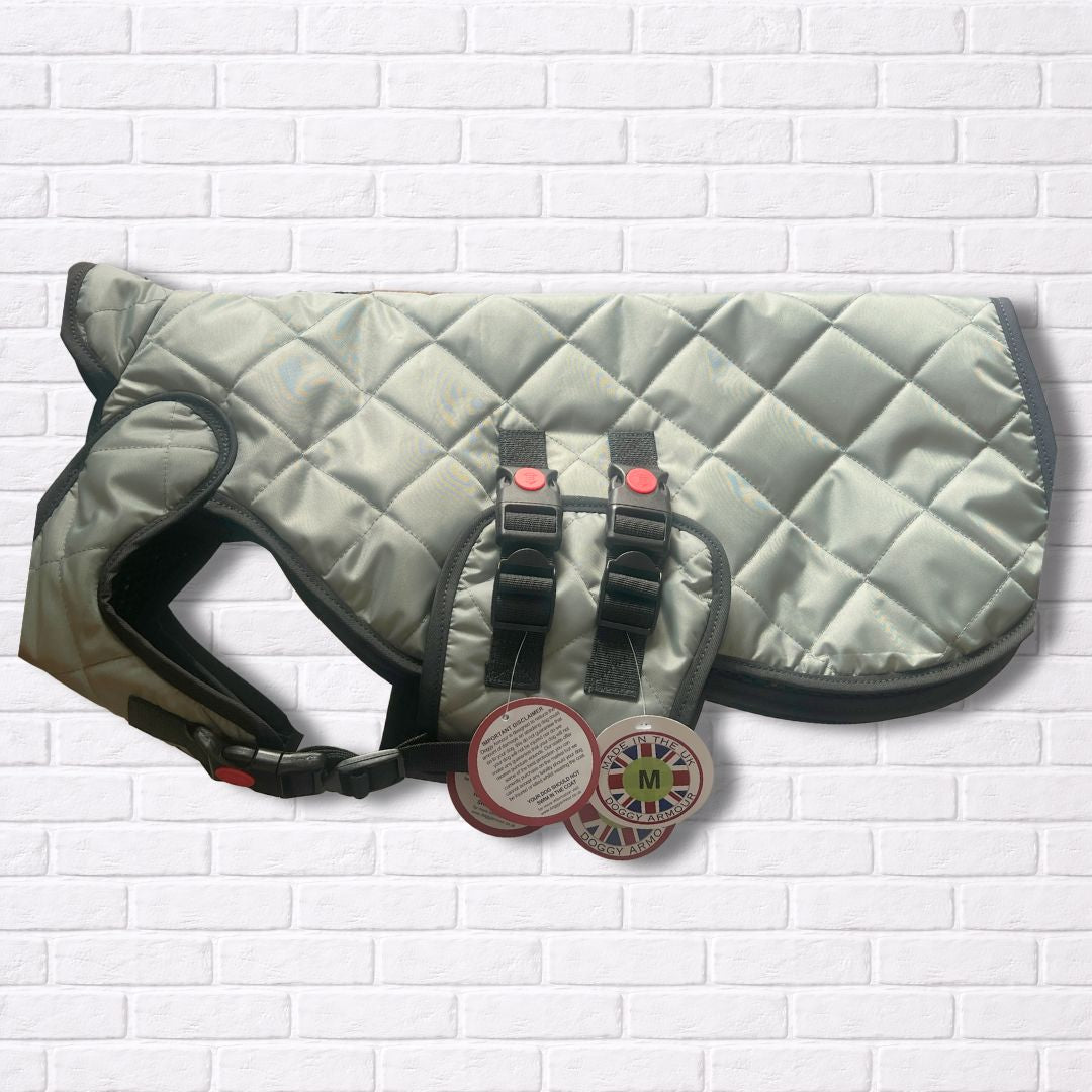 Medium -  Sage Quilted - Protective Dog Coat - Armoured Bite Resistant Dog Coat