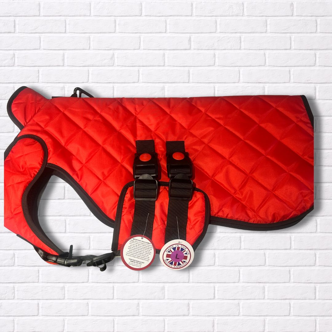 Large -  Red Quilted - Protective Dog Coat - Armoured Bite Resistant Dog Coat