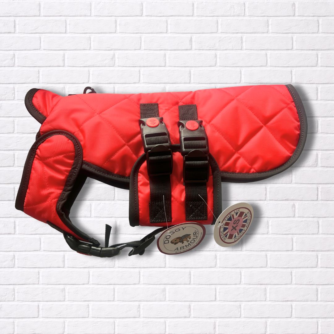 XSmall - Red Quiltled - Protective Dog Coat - Armoured Bite Resistant Dog Coat