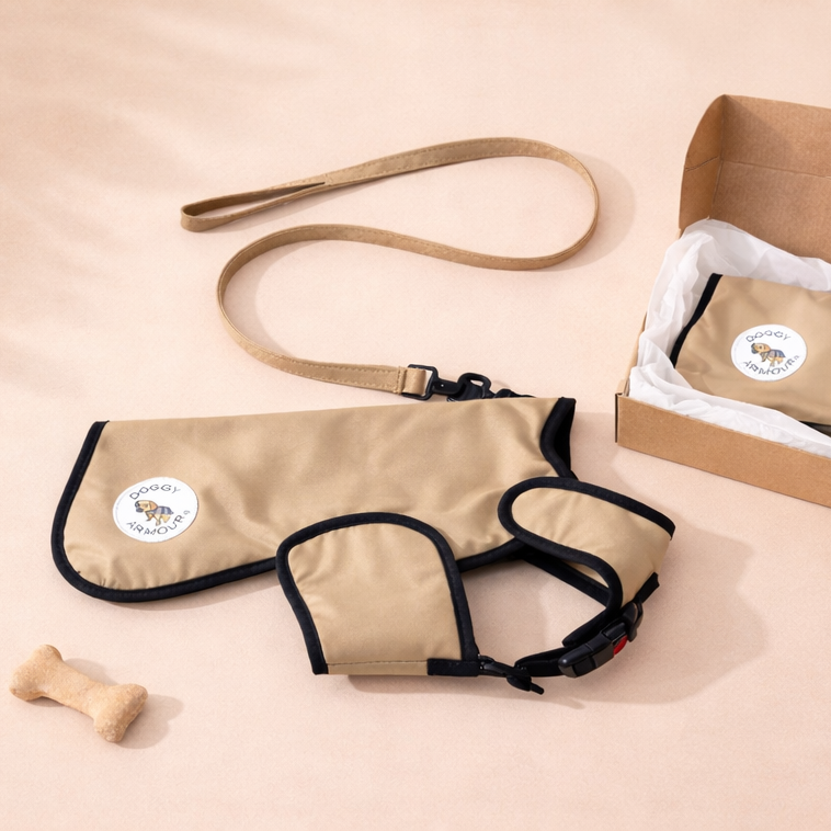 Beige dog harness with a leash on a beige background