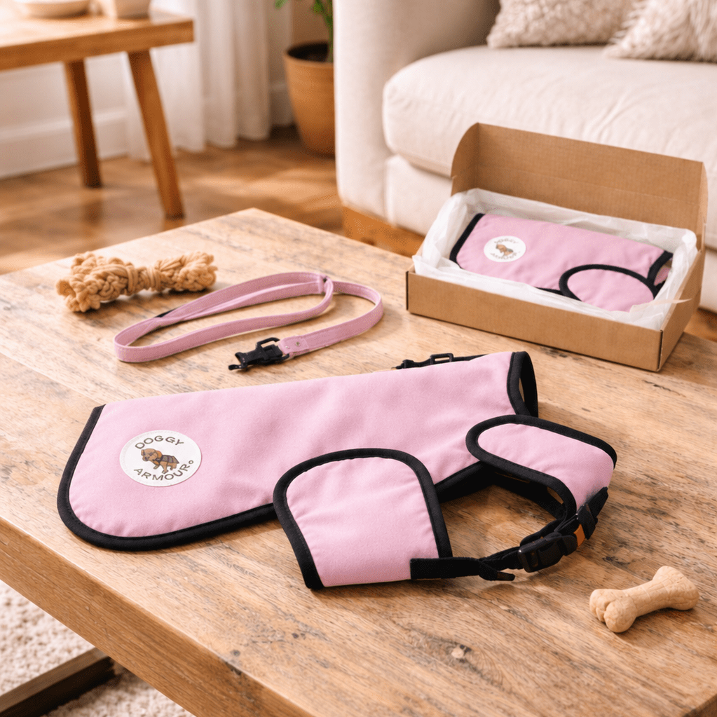 Pink dog harness on a wooden coffee table with a living room background