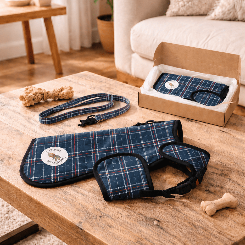Dog coat, leash, and collar set on a wooden coffee table with a home interior background.