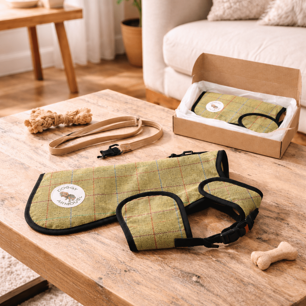 Green pet harness and leash set on a wooden coffee table with a living room background.