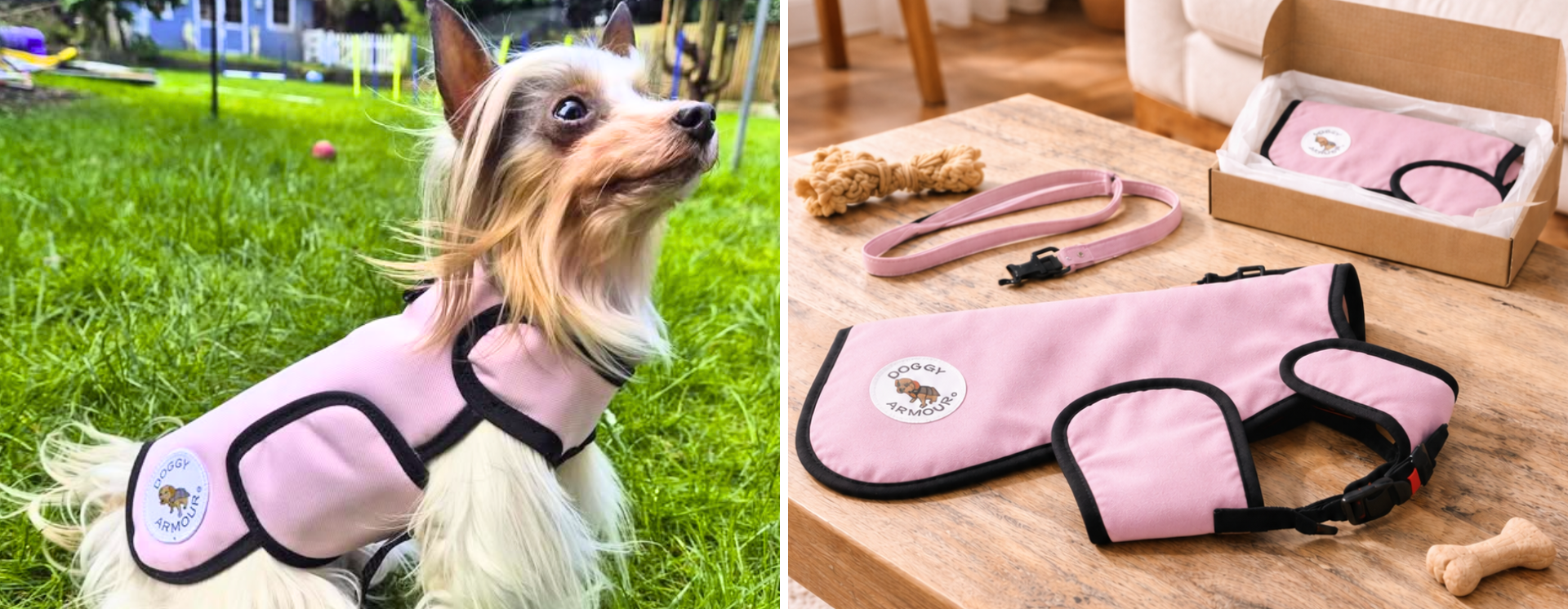 Slit image left side small dog wearing baby pink protective coat and right product picture of the same pink coat with packaging