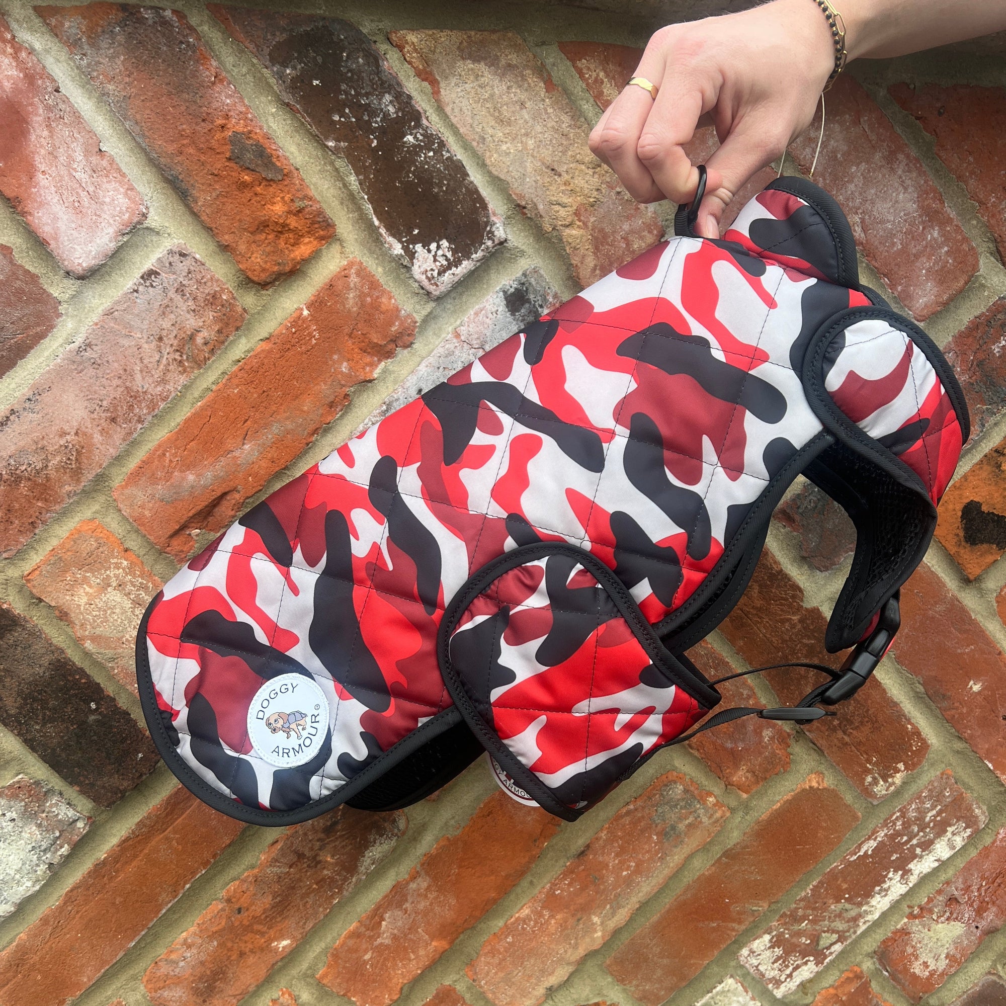 Quilted Red Camo protective dog coat