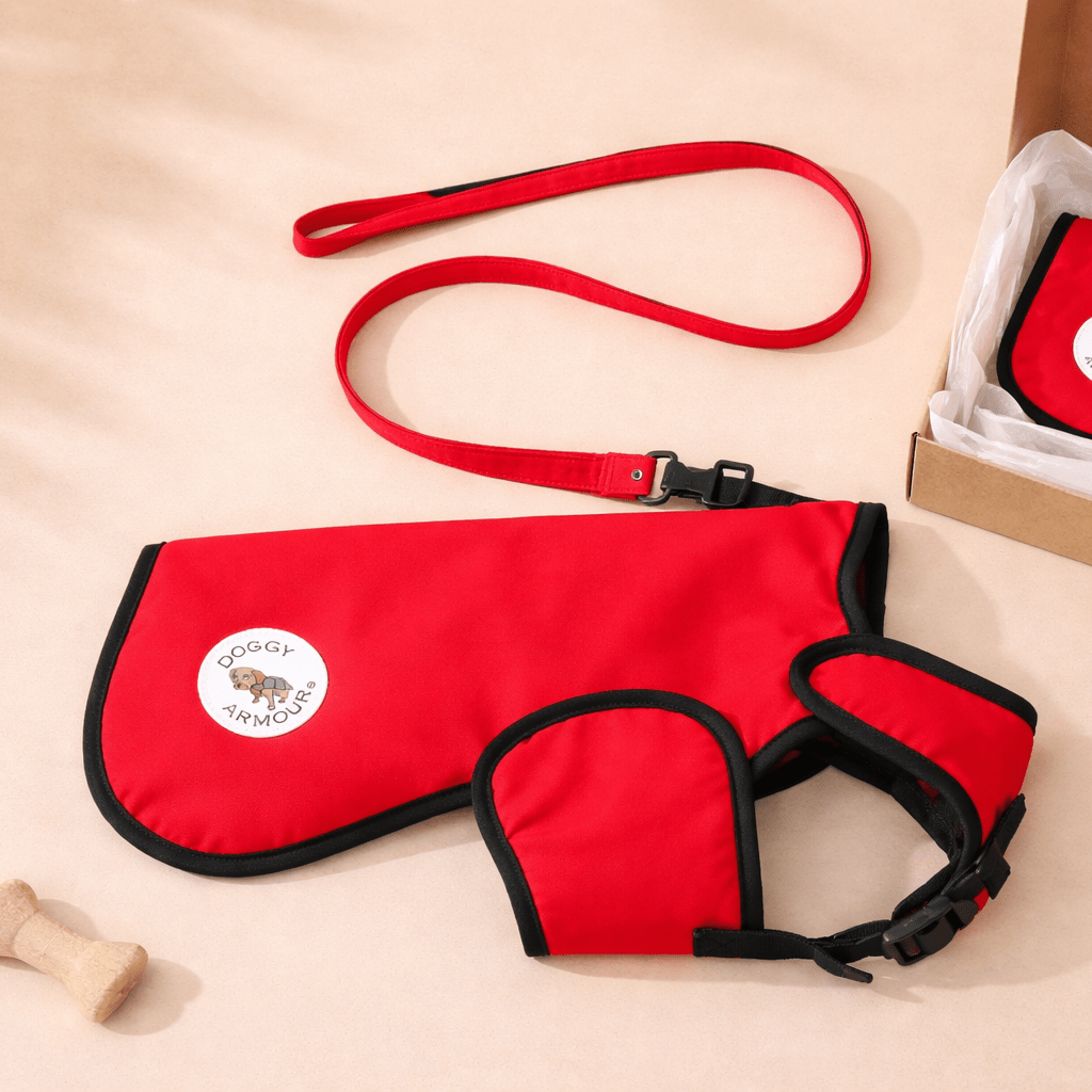 Red doggy armour protective armoured dog coat