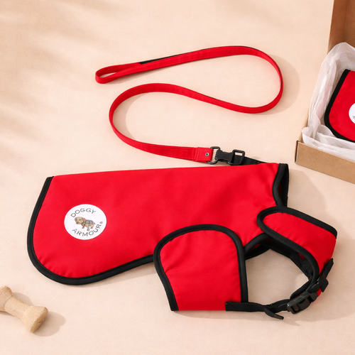 Red doggy armour protective armoured dog coat