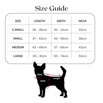 A size guide chart for a dog collar, showing measurements in centimeters for length, girth, and neck by size (X Small, Small, Medium, Large). Below the table is a black silhouette of a dog with red arrows indicating neck, girth, and length measurements.
