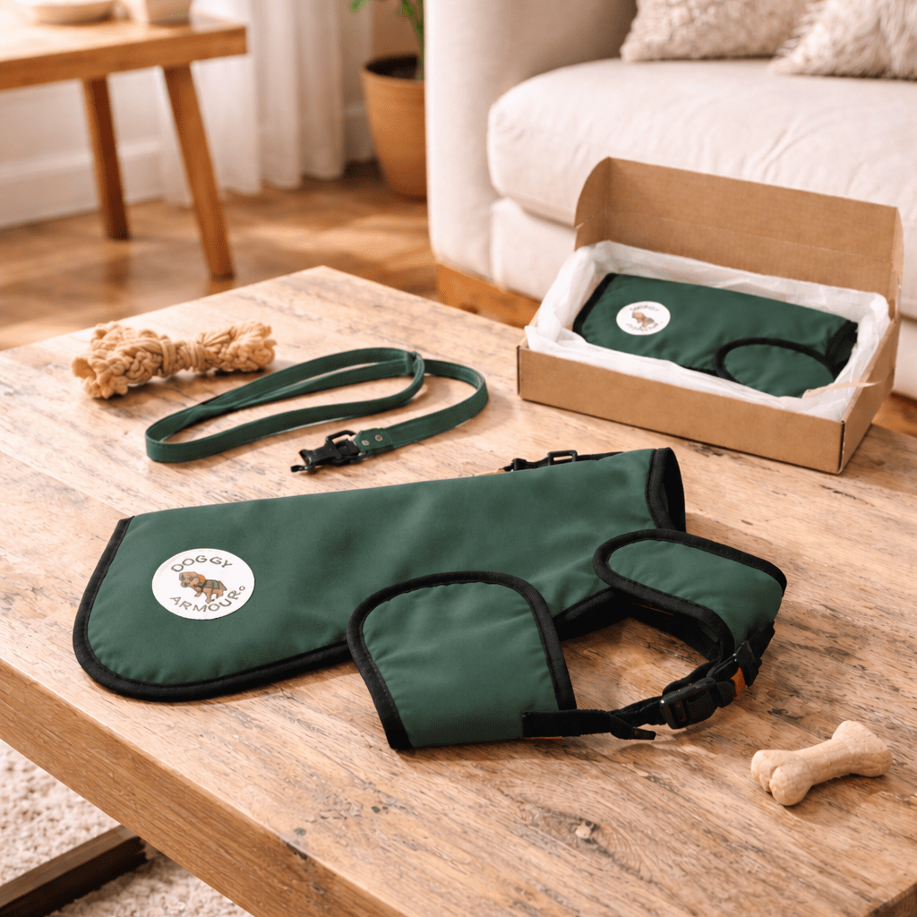 green protective dog coat forest green with lead on coffee table background